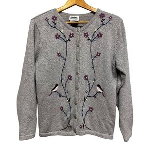 Northern Reflections Embroidered Bird Floral Cardigan Sweater Small Cottagecore